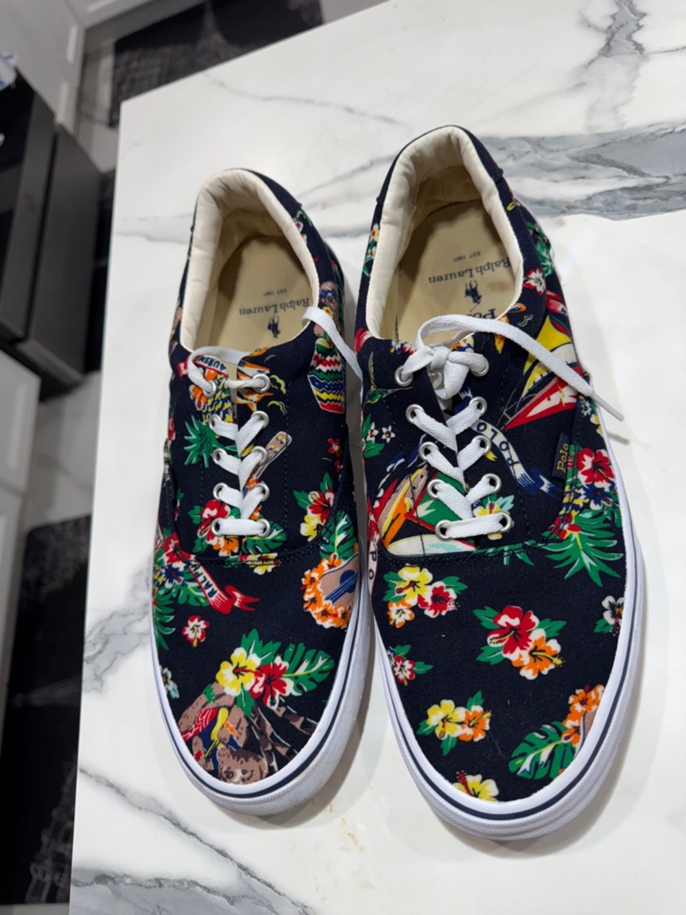 Ralph Lauren Navy Canvas Sneakers with Multicolor Tropical Print